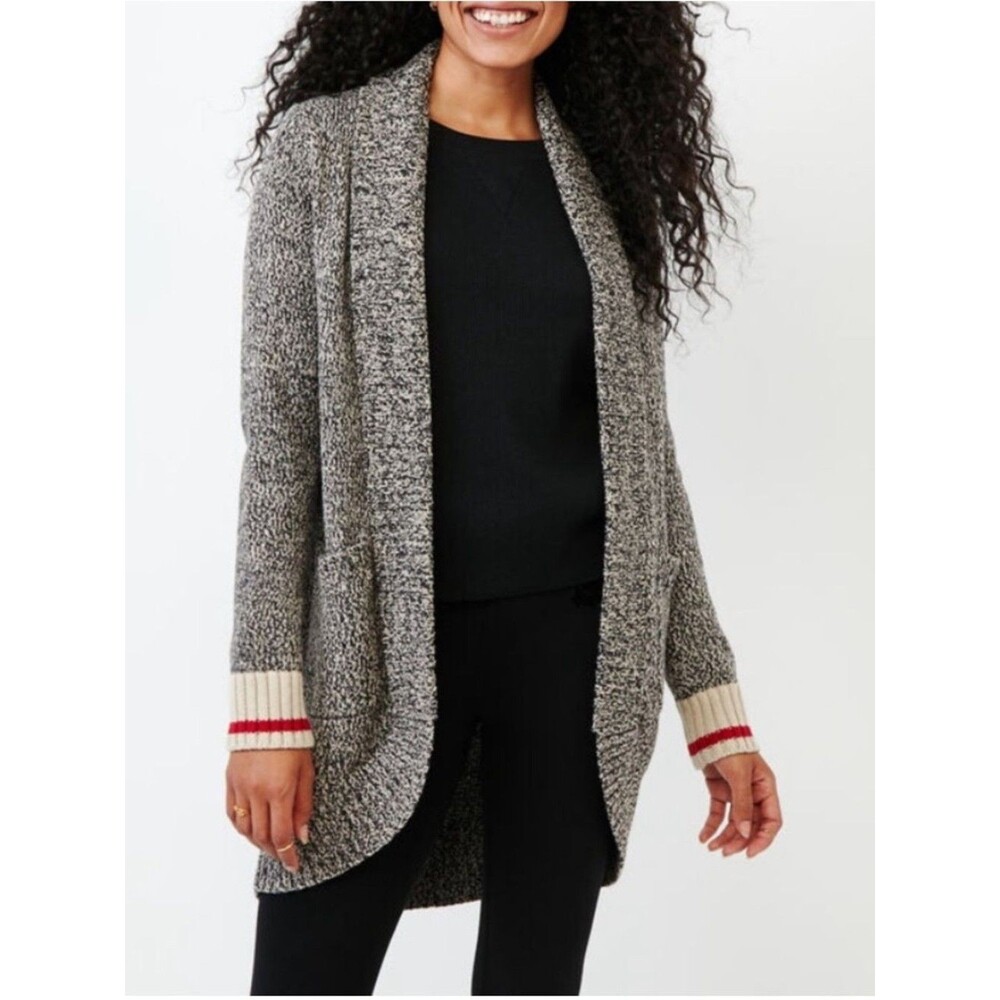 Roots Canada Long Line Shawl Collar Cabin Cardigan Black Cream Knit Pockets XXL